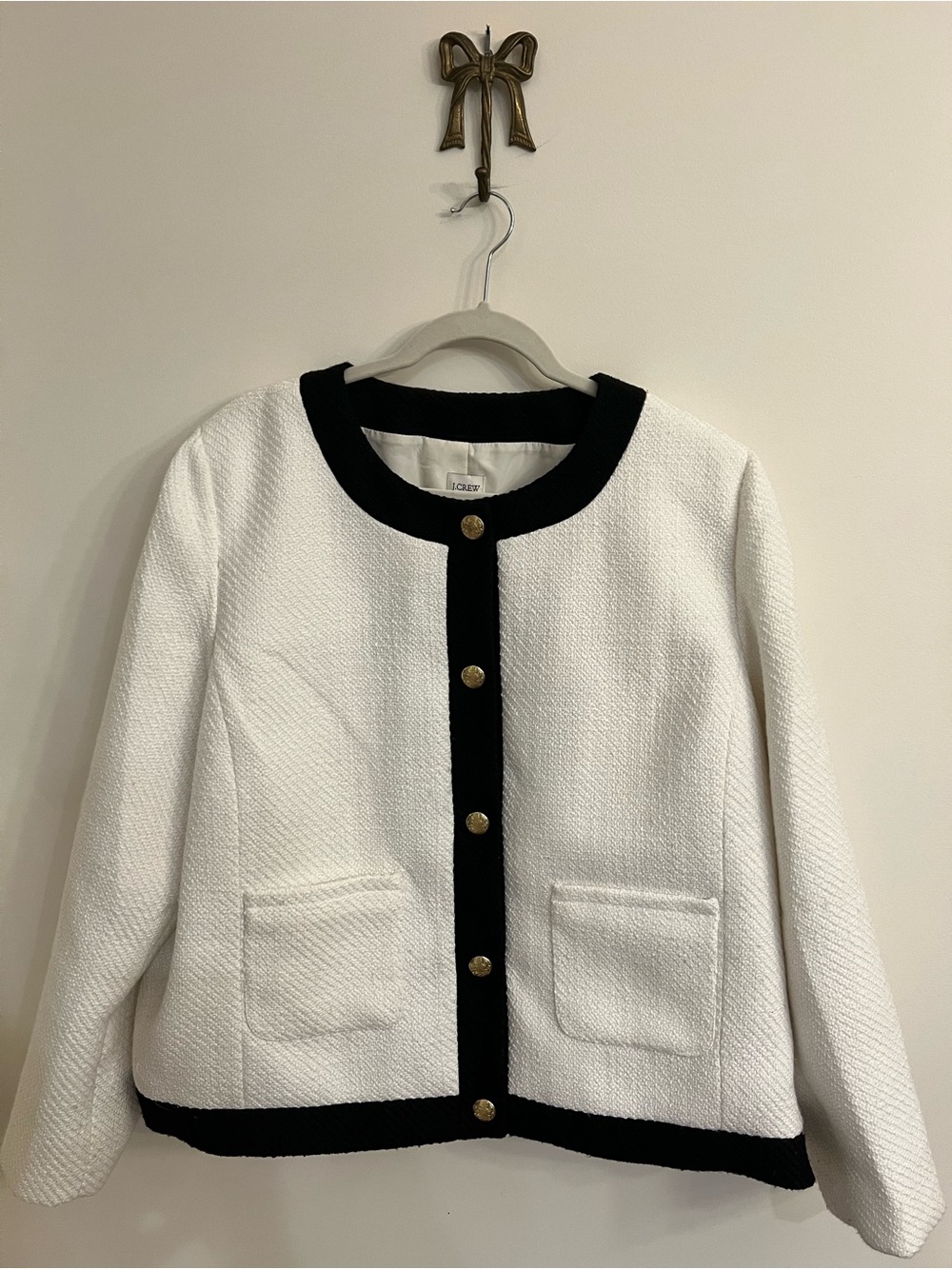 J Crew Women's White with Black Accent & Gold Buttons Tweed Lady Jacket Size 20